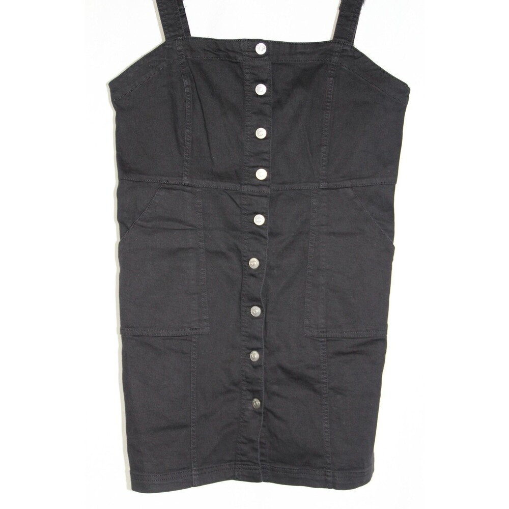 H&M Divided Women's Button-Front Black Denim Mini Dress Jumper Size L Adj Straps